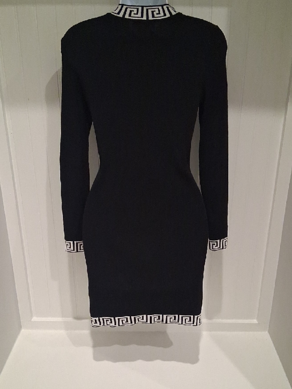 Black Long-Sleeve Knit Dress with Contrasting Greek Key Trim - Picture 2 of 3